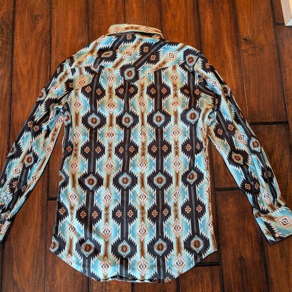 Rock & Roll Denim Shirt Mens Medium Blue Aztec Western Pearl Snap Modern Fit - Picture 5 of 8